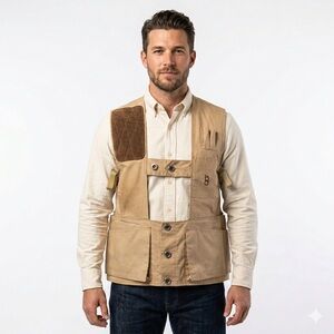 Bob Allen Mens Made In USA Shooting Vest Tan Canvas Leather Large